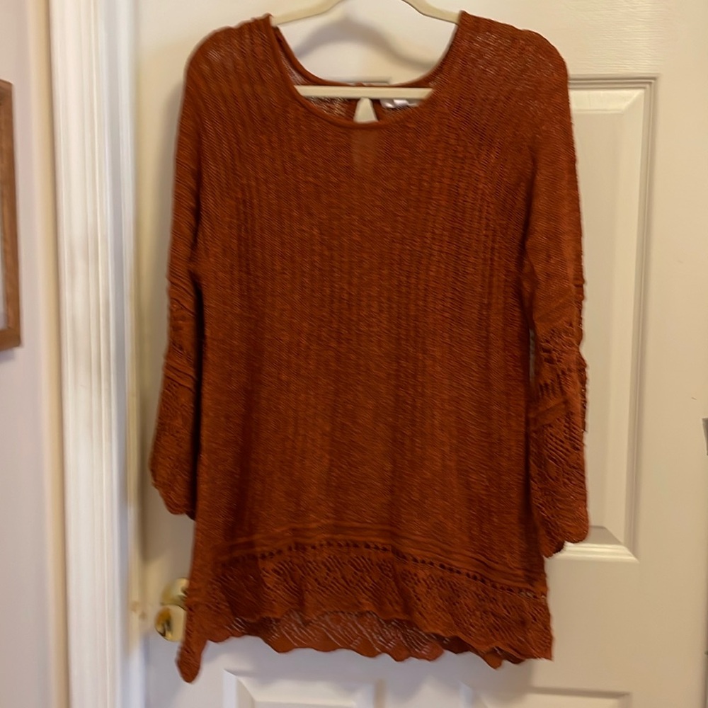 Lauren Conrad Burnt Orange Sweater with lace detail on hem and bell sleeves L